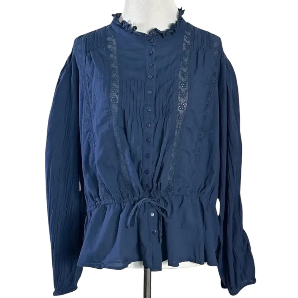 Free People Bohemian Edwardian Dainty Lace Best Of Me Blouse Big Dipper Blue XL
